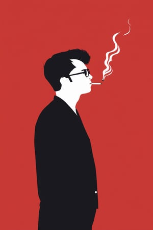 AiArtV, Flat Illustration, Vector Illustration, 1boy,solo,short hair,simple background,monochrome,upper body,glasses,from side,profile,mouth hold,red background,cigarette,smoking,red theme