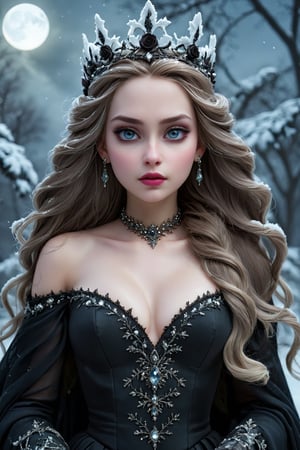 best quality,ultra-detailed,realistic,dark queen,snow,beautiful detailed eyes,long flowing hair,regal crown,dark makeup,pale skin,black dress,gloomy atmosphere,haunting shadows,mysterious,enchanted winter landscape,moonlight,queen's palace,ice crystals,frozen roses,ethereal beauty,cold breath,strong presence,stormy sky,ominous clouds,silent snowfall,glistening snowflakes,icy throne,winter spirit,drama and elegance,gothic art style,subtle color palette,luminous moonlight,soft candlelight,emotive lighting,contrasting highlights and shadows.