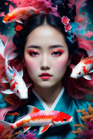 (best quality,8K,highres,masterpiece), ultra-detailed, (photo RAW, vibrant colors, Black, dark red, neon pink), Portrait of 2 ghostly long-tailed white koi and a woman, surrounded by a colorful and shiny aura. The scene includes highly detailed red filigree, intricate motifs, and organic tracery, inspired by the vibrant styles of Januz Miralles and Hikari Shimoda. The composition is perfected with glowing stardust by W. Zelmer, creating a lively and colorful coral reef background. This hyper-realistic 35mm photograph captures the essence of realism with sparkling particles, delivering a burst of color in every detail. It's an award-winning masterpiece with natural light, perfect composition, and an explosion of vivid hues.