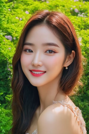 (best quality, masterpieces:1.2, ultra high resolution, 8k, realistic:1.4), 1girl, korean, cute smile, off-the-shoulders, cinematic lighting, beautiful detailed eyes, beautiful detailed lips, longeyelashes, soft skin, flowing hair, colorful garden backdrop, vibrant colors, sunshine ambiance