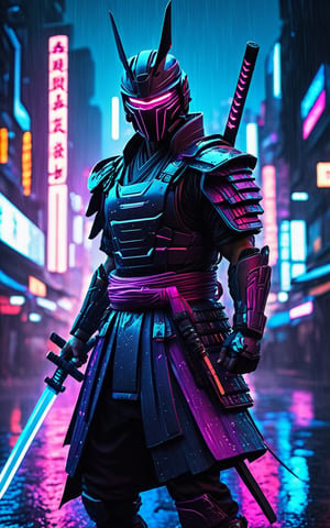 (best quality,8K,highres,masterpiece), ultra-detailed, (Cyberpunk Samurai with neon-lit armor and a futuristic katana), depiction of a cyberpunk samurai standing in a rain-soaked, neon-lit city. His armor glows with neon lights, and his katana hums with an energy field. His helmet is sleek and futuristic, with a visor that displays digital readouts. The cityscape behind him is a blend of towering skyscrapers and vibrant advertisements, creating a striking contrast with his traditional warrior pose.
