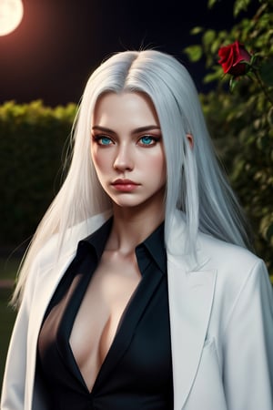 masterpiece, highest quality, (solo focus), (perfect face:1.1), (high detail:1.1), (hyper detailed eyes), dramatic, a guy with pale skin and long voluminous white hair, white eyes, solo, long hair, Sephiroth, moon, night, white luxury suit, covered navel, pouty lips, fur, arrogant expression, Rose Garden, detailed background, art by artgerm, cinematic lighting, roses, fashion, BalenciagaStyle