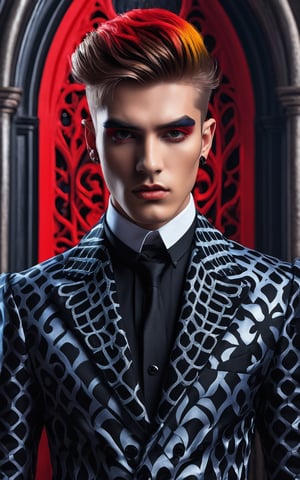 (best quality, 4K, 8K, high-resolution, masterpiece), ultra-detailed, photorealistic, young man, striking appearance, bold Neo-Gothic makeup, bold Neo-Gothic hair, vibrant Pop Art inspired outfit, colorful, high-contrast, surreal atmosphere, digital art.