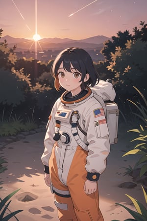 An astronaut in an orange astronaut outfit, standing against a sunset background. The astronaut is positioned front facing and is shown from the waist up. The sunset provides a warm and vibrant color palette. The scene is surrounded by lush plants, adding a touch of nature to the composition. The image quality is top-notch and high-resolution, with ultra-detailed features. The style of the artwork is realistic, with vivid colors and professional craftsmanship. The lighting accentuates the astronaut's figure, creating a captivating atmosphere
