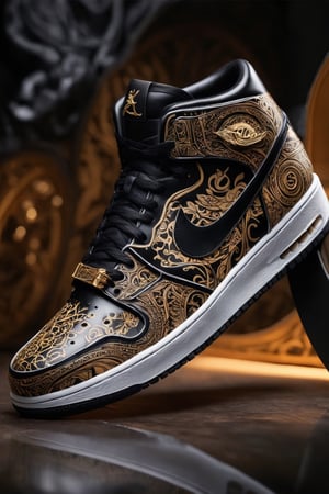 (best quality,8K,highres,masterpiece), ultra-detailed studio photography showcasing a cutting-edge sneakers design. The image features sleek black footwear with intricate tattoo-like patterns, set against a blurry background that adds depth of field and enhances the focus on the shoes. The blurred background creates a sense of mystery and intrigue, drawing attention to the details of the sneakers. This artwork captures the fusion of fashion and artistry, presenting a visually captivating composition that is both stylish and enigmatic.