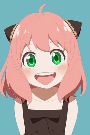 anya forger, 1girl, solo, looking at viewer, blush, smile, open mouth, bangs, simple background, dress, ribbon, green eyes, collarbone, upper body, pink hair, ahoge, :d, teeth, medium hair, black dress, upper teeth only, blue background, child, female child, anya (spy x family)