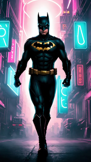 "Generate an image depicting an ultra Sonic-powered version of Batman  in a dynamic and action-packed pose. Show  suit emanating vibrant energy waves, with a futuristic cityscape in the background, highlighting the sheer power and speed of this upgraded superhero.",Lofi,Neon Light