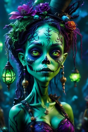 (best quality,8K,UHD,masterpiece), ultra-detailed, (digital illustration, splash art) featuring an adorable and cute green-skin zombie with a voodoo ambiance. The portrait is inspired by the detailed fashion of Hanae Mori, infused with dark fantasy elements. The artwork bursts with vivid colors, akin to the styles of Arthur Rackham, Dr. Seuss, and Tim Burton, creating a lively and magical scene. The luminism and rim lighting add a glowing effect, enhancing the overall vibrant and super colorful composition.