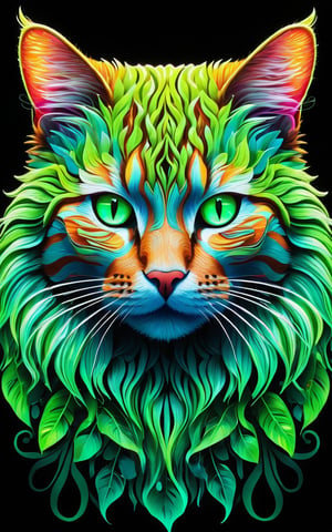 A vibrant and hyper-detailed portrait of a cat's face illuminated with neon light. Its face is adorned with intricate, glowing floral patterns and botanical elements. Its eyes are glowing neon green, and its fur is highlighted with neon light. The background is dark, enhancing the glow of the neon details. The overall style is a fusion of neon art and botanical motifs, creating a mesmerizing and surreal composition. (hyper-detailed, neon light, glowing floral patterns, botanical elements, neon green eyes, neon-highlighted fur, dark background, fusion of neon art and botanical motifs, mesmerizing, surreal)