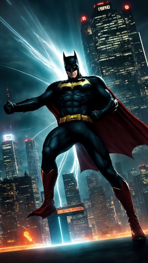 "Generate an image depicting an ultra Sonic-powered version of Batman  in a dynamic and action-packed pose. Show  suit emanating vibrant energy waves, with a futuristic cityscape in the background, highlighting the sheer power and speed of this upgraded superhero."