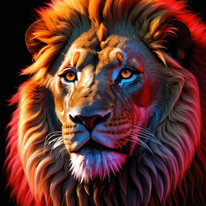 (best quality, 4K, 8K, high-resolution, masterpiece), ultra-detailed, realistic, photorealistic, design of a lion, headshot, soft neon light, red blood accents, 3D, vector art, vibrant colors, intricate details, dynamic lighting, high detail, high resolution, modern style, bold and dramatic composition.