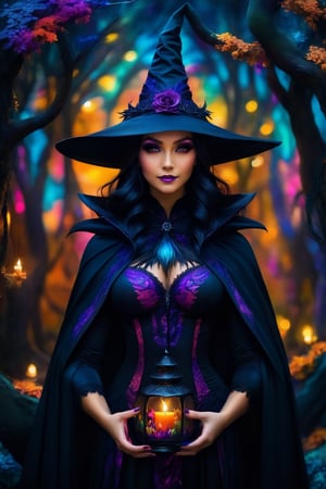 (best quality, 8K, highres, masterpiece:1.2), ultra-detailed, (fantasy creature, enchanting, magical), portrayal of a sexy witch in a Halloween costume. She exudes an otherworldly charm, with vibrant and vivid colors adorning her outfit. Her costume combines elements of fantasy, featuring a mesmerizing witch hat, long flowing hair, and a black cape that billows with colorful brilliance. Her makeup is a kaleidoscope of fantastical hues, and her eyes are adorned with magical, colorful patterns that create a mesmerizing effect. The scene is illuminated by a stunning combination of HDR, UHD, and studio lighting, which brings out the rich details of her physically-based rendering. The dark forest background is transformed into a wonderland of vibrant, enchanting colors, giving the entire composition a surreal and magical atmosphere. Candlelight adds a warm and mystical glow, enhancing the fantasy creature's allure. Her mysterious smile and the haunting, gothic ambiance further elevate this artwork into a captivating realm of magic and fantasy