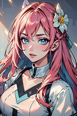 (Detailed Lights, Detailed Shadows), 1Woman, Pink Colored Hair, Close-up, Portrait, (Light Blue Colored Eyes), Extremely Detailed Clothes, ((Modern Clothes)), Beautiful Hair, Muscular, Hair Down, Extremely Detailed Background, Beautiful Background, (Long Hair), MakeUp, Pokemon Trainer, A White Flower on the Head