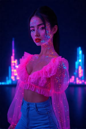 A woman stands confidently, adorned in a ruffled, sheer pink top paired with high-waisted blue jeans. Her skin is accentuated with vibrant, neon digital patterns and colorful, dotted lights. Dark hair is sleekly pulled back, while her expression is poised, with red lips adding an extra pop of color. The background is a deep navy, contrasting with the bright, futuristic elements illuminating her figure. A hint of cityscape elements in pixelated style is subtly integrated in the background, enhancing the modern, high-tech aesthetic.