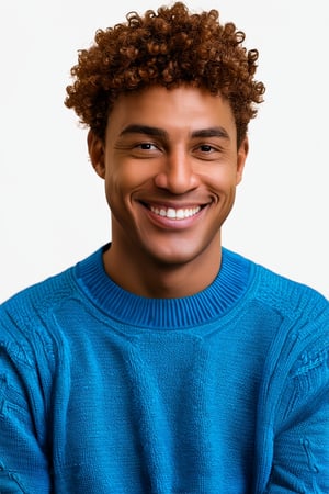 best quality,4k,8k,highres,masterpiece,ultra-detailed,
looking at viewer, smile, simple background, brown hair, man, brown eyes, upper body, male focus, teeth, dark skin, grin, sweater, blue background, curly hair, realistic, blue sweater