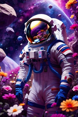 an astronaut is standing in the middle of a field full of flowers and space rocks with his helmet on,outer space