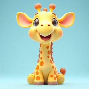 3D cute animal character,
A cute, cartoonish giraffe with large, expressive eyes and a broad smile sits against a pastel blue background. Its bright yellow-orange skin is dotted with darker brown spots, and it has a playful, oversized head compared to its compact body. The giraffe's ears are round and pink inside, while its ossicones are slightly bulbous. The short tail curls slightly at the tip. Smooth textures and soft lighting enhance its friendly appearance, creating an inviting and cheerful atmosphere.