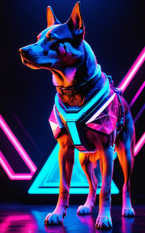 (intricate, ultra high detail, photorealistic, 8K, high-resolution, masterpiece), neon-lit futuristic dog with a geometric and crystalline design, vibrant colors including neon pink, blue, and purple, sharp and angular shapes, glowing accents, sci-fi cyberpunk environment, dark background with colorful neon lights, detailed reflections and highlights, the dog in a vigilant pose, surrounded by abstract shapes and structures, emphasis on the contrast between the bright neon colors and the dark setting