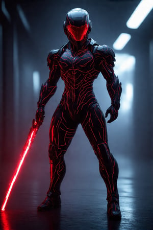 A futuristic armored figure stands with an imposing presence. The suit is sleek and black, adorned with glowing red lines tracing intricate patterns across its muscular form. The helmet features a smooth, visor-like faceplate, emitting a red glow. Red lights accentuate the contours of the body, emphasizing the figure's athletic build. Grasping a glowing red weapon, the figure is bathed in a dimly lit, metallic environment with blurred lights in the background, evoking a high-tech, cybernetic world.