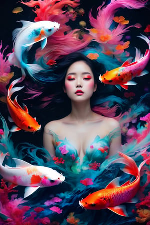 (best quality,8K,highres,masterpiece), ultra-detailed, (photo RAW, vibrant colors, Black, dark red, neon pink), Portrait of 2 ghostly long-tailed white koi and a woman, surrounded by a colorful and shiny aura. The scene includes highly detailed red filigree, intricate motifs, and organic tracery, inspired by the vibrant styles of Januz Miralles and Hikari Shimoda. The composition is perfected with glowing stardust by W. Zelmer, creating a lively and colorful coral reef background. This hyper-realistic 35mm photograph captures the essence of realism with sparkling particles, delivering a burst of color in every detail. It's an award-winning masterpiece with natural light, perfect composition, and an explosion of vivid hues.