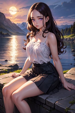 (best quality, realistic, HDR), 1girl, child, purple eyes, long and curly brown hair, detailed forehead, wearing a short skirt and a camisole, looking embarrassed, sitting by the riverbank, surrounded by mountains in the background, with the moonlight illuminating the scene, 