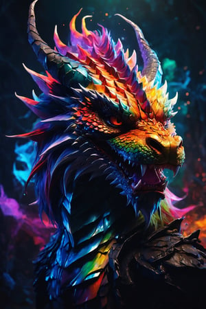 AiArtV, Dragon, (best quality, 8K, highres, masterpiece), ultra-detailed, (photorealistic, cinematic), illustration painting of a luminous and enchanting bad guy undead/human-like creature with vibrant and dynamic anime-style colors. The creature, with dark, colorful hair, strikes a dynamic pose in a brilliantly lit fantasy realm environment filled with a kaleidoscope of colors. The mid-shot composition and rule of thirds depth of field emphasize intricate details, creating a fantastical realm that bursts with subtle and vibrant colors. The use of light particles enhances the scene's grandeur and awe, making it a stunning visual masterpiece in a double-exposure style. The strong outlines contribute to the scene's cinematic feel, creating a super colorful and visually captivating narrative