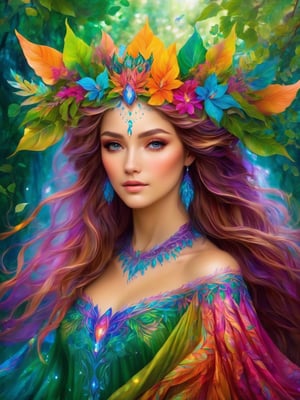 (best quality, 8K, highres, masterpiece:1.2), ultra-detailed, (fantasy creature, mythical being, otherworldly:1.3), nature goddess transformed into a fantastical creature with a body made of vibrant, swirling leaves and petals. This enchanting portrait captures her amidst a lush greenery filled with wildflowers of every color. Her eyes are a breathtaking kaleidoscope, and she wears a serene expression that radiates ethereal beauty. In a graceful and dynamic pose, she moves with the wind, her luminous skin glowing in the soft, natural light filtering through the canopy above. Her flowing hair and an elegant crown of leaves enhance her mythical essence. The vibrant colors of her being create a surreal atmosphere, and a dreamlike aura surrounds her, signifying her harmonious connection with the mystical, enchanted forest.