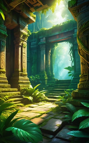 (best quality,8K,highres,masterpiece), ultra-detailed, (ancient temple ruins in a jungle), depiction of ancient temple ruins hidden deep within a lush jungle. Vines and moss cover the weathered stone structures, hinting at the passage of time. Sunlight filters through the dense canopy, casting dappled light on the ground. Exotic birds and animals can be seen among the trees, adding to the sense of mystery and discovery. The overall composition evokes a sense of adventure and exploration.
