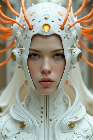 Cyborg style,
A woman is wearing a futuristic headpiece. The headpiece is white and has orange wires coming out of it. There is a yellow light in the middle of the head piece. The woman has blue eyes and freckles on her face. The outfit she is wearing is white with gold buttons on it.