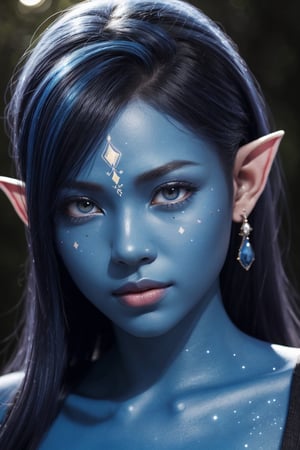 (best quality, 4k, 8k, highres, masterpiece:1.2), ultra-detailed, (realistic, photorealistic, photo-realistic:1.37), blue humanoid avatar with bioluminescent avatar markings dots and patterns on their skin. Pointed elf ears. avatar like hair, hair colour black, sparkling glowing blue eyes, slightly shimmery iridescent blue skin. female, warrior like, magical and mystical, detailed and realistic. Only blue skin tone. Only blue coloured skin. Skin colour all blue.