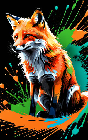 (Artistic bird illustration, high resolution, painted style, colored paint splatters), a [Fox] depicted in a painted style with dynamic and vibrant paint splatters. The main colors are [orange] and [green], set against a [black] background. The artwork captures the lively essence of the [Fox] through the use of bold paint splatters, creating a visually striking and energetic composition.