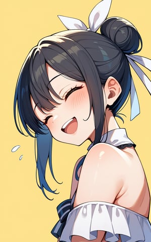 score_9,score_8_up,score_7_up, 1girl,blush,smile,open mouth,simple background,black hair,ribbon,bare shoulders,closed eyes,hair ribbon,upper body,teeth,hair bun,from side,^_^,single hair bun,white ribbon,yellow background
