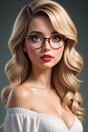 A highly detailed, photorealistic portrait of a young woman with wavy blonde hair, wearing round tortoiseshell glasses. She has soft, natural makeup with bold red lipstick. The lighting is soft and natural, highlighting her clear green eyes and delicate features. She is dressed in a white, slightly off-shoulder top with lace details. The background is minimal and slightly blurred, drawing full attention to her face, creating an intimate, serene atmosphere.