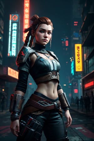 (best quality, 4K, 8K, highres), ultra-detailed, (futuristic cyberpunk illustration) portraying an American Caucasian heroine reminiscent of Aloy from Horizon Zero Dawn. Immerse yourself in a mesmerizing digital realm where this iconic character dons a cutting-edge cyberpunk ensemble, covering her entire figure. The high-resolution artwork unveils a world of urban sleekness, featuring Aloy in a sleek and modern cyberpunk outfit that gleams with reflective surfaces and neon accents, creating a visually striking and technologically advanced aesthetic. The artist's skilled strokes vividly capture Aloy's determination and strength, with atmospheric lighting that intensifies the cyberpunk ambiance. An exceptional masterpiece that seamlessly fuses gaming and cyberpunk elements, presenting Aloy in a new light that resonates with awe-inspiring futuristic glory.