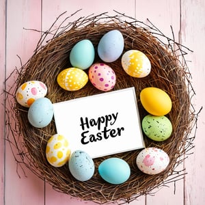 AiArtV,Happy Easter,colorful,easter theme,background, a nest with eggs and a sign that says (happy easter)