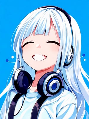 1girl, solo, long hair, smile, shirt, closed mouth, closed eyes, white hair, blue background, headphones, headphones around neck
