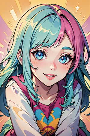 (a cute girl:1.1),smiling,blushing,short outfit,rainbow color hair,beautiful detailed eyes,beautiful detailed lips,extremely detailed eyes and face,long eyelashes,colorful background,happy expression,soft sunlight,playful pose,vibrant colors,lively atmosphere,whimsical art style,medium:pastel drawing,ultra-detailed(best quality:1.2),rainbow highlights,sparkling eyes
