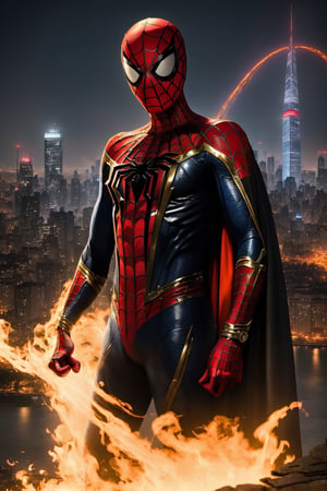 A breathtaking 8K photorealistic concept art masterpiece, (Spiderman in a striking black and red suit, unmasked, with a crimson cape billowing gracefully:1.3), Against a highly detailed night cityscape, captured with perfect composition and sharp focus, (A cinematic vision of artistry:1.3), Bathed in soft, natural volumetric lighting, the chiaroscuro effect enhancing the intricate details of the suit, (A true award-winning photograph:1.3)