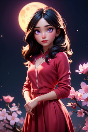 (best quality, 8K, ultra-detailed, masterpiece), (ultra-realistic), A mesmerizing scene featuring a lone girl with enchanting purple eyes, standing against a serene night background. The moon illuminates the surroundings, casting a soft glow on the cherry blossoms in full bloom. The girl is adorned in red fluffy clothes, creating a striking and dreamlike composition.