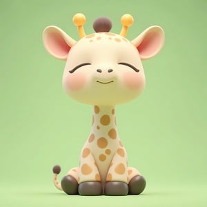 3D cute animal character,
A cute, cartoon-style giraffe sits contentedly against a soft green background. Its body is plump with cream-colored skin and light brown spots. The large, round eyes are closed, and a gentle smile graces its face. Small, curved horns and a fluffy tuft of hair adorn its head. The ears are large and pink inside, contrasting with the giraffe’s bright yellow horns. Its short legs perch on rounded, dark feet. The overall design features smooth textures, creating an endearing, playful appearance.