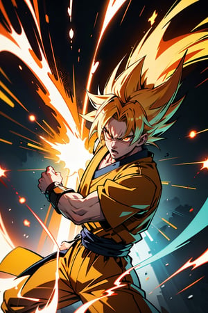Goku, kaioken style, orange bright aura with bolts, anime, saiyan clothing, (best quality,4k,8k,highres,masterpiece:1.2), sharp focus, angry look, fight pose, intense battle, epic energy waves, dramatic lighting, muscular physique, dynamic composition, powerful punches, energetic fighting moves, vibrant colors, dynamic perspective, aura emanating from the body, fierce determination, iconic character, intense power, fast-paced action, detailed facial features, spiky hair, steely gaze, iconic Super Saiyan transformation, explosive energy blasts, high-impact action, electrifying atmosphere, adrenaline-pumping fight scene, ferocious intensity, iconic outfit, iconic fighting stance, fiery energy surges, world-threatening clash, adrenaline-fueled battle, explosive energy beams, adrenaline rush, immersive artwork, mesmerizing visual effects, atmospheric shading, dramatic tension, epic showdown, exhilarating combat, striking visual style