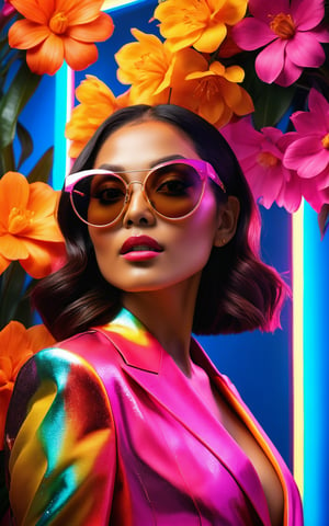 (best quality, 4K, 8K, high-resolution, masterpiece, ultra-detailed, photorealistic), (3D depth effect photography, high-resolution, ultra-detailed), a portrait of an exotic woman wearing stylish sunglasses, surrounded by vibrant flowers, neon color palette, dynamic lighting, glowing neon accents, vivid and striking colors, detailed facial features, sharp contrast, modern and trendy aesthetic, immersive depth, layered composition, lively and energetic atmosphere, high attention to detail in textures and reflections, futuristic and artistic feel.