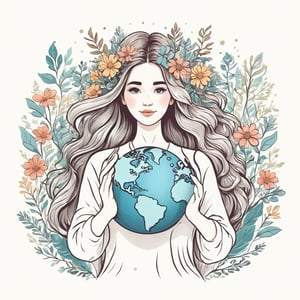 (best quality,8K,highres,masterpiece), ultra-detailed, tree planting, vector illustration, a woman with long hair holding a earth globe in her hands and flowers around her head