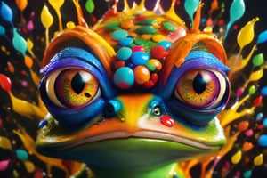 silly, frog, wallpaper, portrait, (best quality, 4k, 8k, highres, masterpiece:1.2), ultra-detailed, (realistic, photorealistic, photo-realistic:1.37), colorful, playful lighting, detailed eyes and face, comical expression, dark background, surreal, fun, concept artists