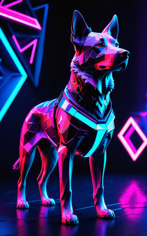 (intricate, ultra high detail, photorealistic, 8K, high-resolution, masterpiece), neon-lit futuristic dog with a geometric and crystalline design, vibrant colors including neon pink, blue, and purple, sharp and angular shapes, glowing accents, sci-fi cyberpunk environment, dark background with colorful neon lights, detailed reflections and highlights, the dog in a vigilant pose, surrounded by abstract shapes and structures, emphasis on the contrast between the bright neon colors and the dark setting