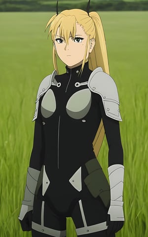Kikoru Shinomiya with long blonde hair standing in front of a green grassy field and looking off to the side, armor bodysuit