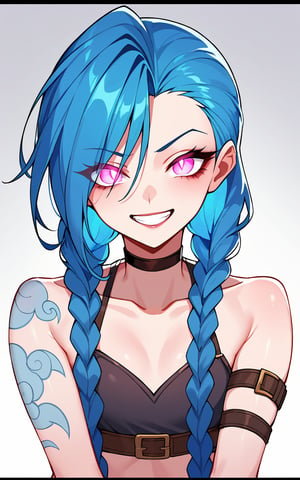 score_9,score_8_up,score_7_up, 1girl,long hair,looking at viewer,smile,bangs,bare shoulders,blue hair,collarbone,braid,teeth,choker,pink eyes,grin,twin braids,gradient background,tattoo,glowing,black choker,letterboxed,portrait,glowing eyes,asymmetrical bangs,brown choker,jinx (league of legends)

