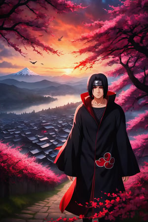 (best quality,4k,8k,highres,masterpiece:1.2),ultra-detailed,(realistic,photorealistic,photo-realistic:1.37),Itachi Uchiha,portrait,detailed eyes,serious expression,Sharingan activated,intense gaze,pale skin,black hair,flowing hair,headband,hidden leaf village symbol,black cloak with red clouds,background of dark shadows and falling cherry blossoms,artistic lighting,colorful sunset,hauntingly beautiful,sharp focus,emotionally captivating,studio lighting,vivid colors
