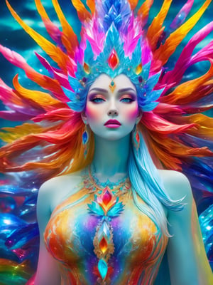 (best quality,8K,highres,masterpiece), ultra-detailed, visually stunning photograph featuring a vibrant and color-rich sculpture portraying a celestial ice goddess. This majestic deity stands tall, radiating a mesmerizing aura of vivid and lively elegance. The sculpture showcases an explosion of colors with intricate and dynamic designs that irresistibly draw the eye. The goddess, bathed in a myriad of hues, emanates a surreal and fantastical presence. The high-quality image brilliantly captures the sculpture's ethereal beauty, allowing viewers to immerse themselves in the kaleidoscope of colors, appreciating its extraordinary craftsmanship and enchanting allure. Neon lights illuminate the scene, adding an extra layer of brilliance and intensity to this captivating visual spectacle.