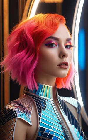 (best quality, 4K, 8K, high-resolution, masterpiece), ultra-detailed, photorealistic, young woman, vibrant neon hair, geometric Art Deco patterns on face, surreal dream-like setting, mirror-like floors, mirror-like walls, reflections, posing, intricate facial designs, modern fashion, ethereal lighting, digital art.